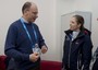 Il presidente del Consiglio Enrico Letta, in visita nel villaggio atleti, incontra Carolina Kostner, che compie gli anni, facendole gli auguri di buon compleanno