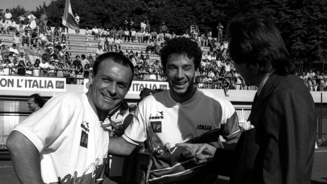 Schillaci con Vialli e Montezemolo agli allenamenti della Nazionale, 5 luglio 1990