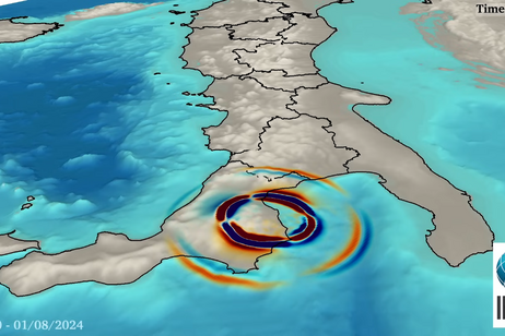 Le onde sismiche generate dal terremoto del primo agosto 2024 in Calabria. Le onde blu indicano che il suolo di muive verso il basso, in rosso le onde relative a un movimento verso l'alto (fonte: INGV)