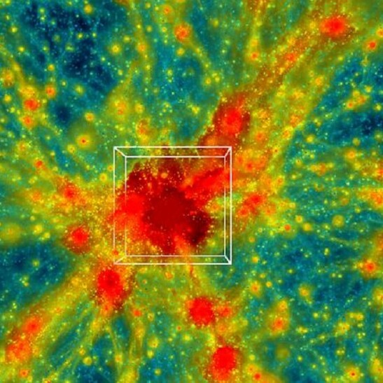 Un esempio della simulazione dell'espansione dell'universo. La regione nel riquadro è ricca di ammassi di galassie (fonte: Argonne National Laboratory, U.S Dept of Energy)